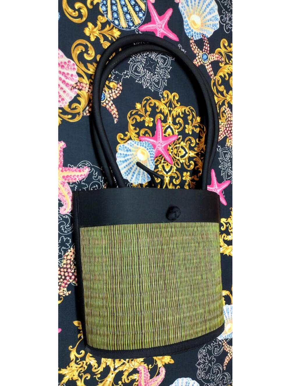 Vintage Bamboo Straw Bucket Bag Style Elegant Silk Purse Handbag Tiki Rockabilly
